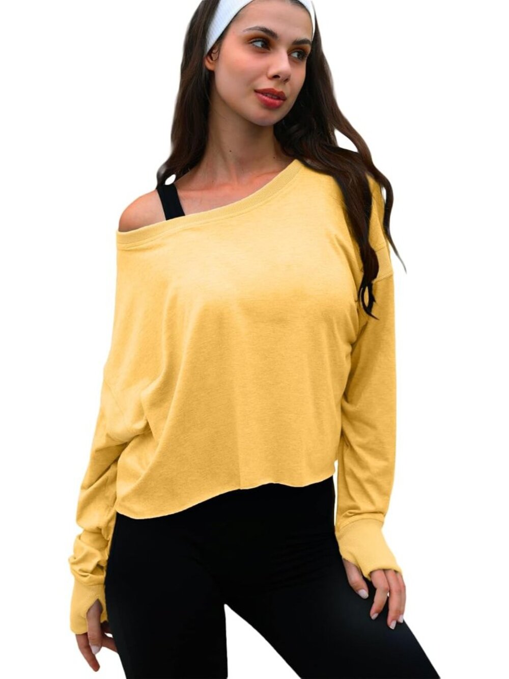 Women's Yellow Long Sleeve Cropped Top Athletic Clothes Running Workout T Shirts - Picture 2 of 5
